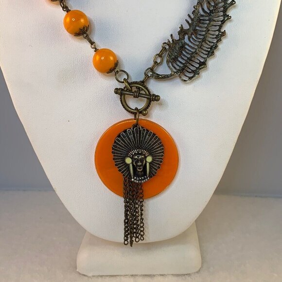 Brass Plated Necklace With Orange Glass Beads And Indian Head Pendant (NA117) - Picture 3 of 6